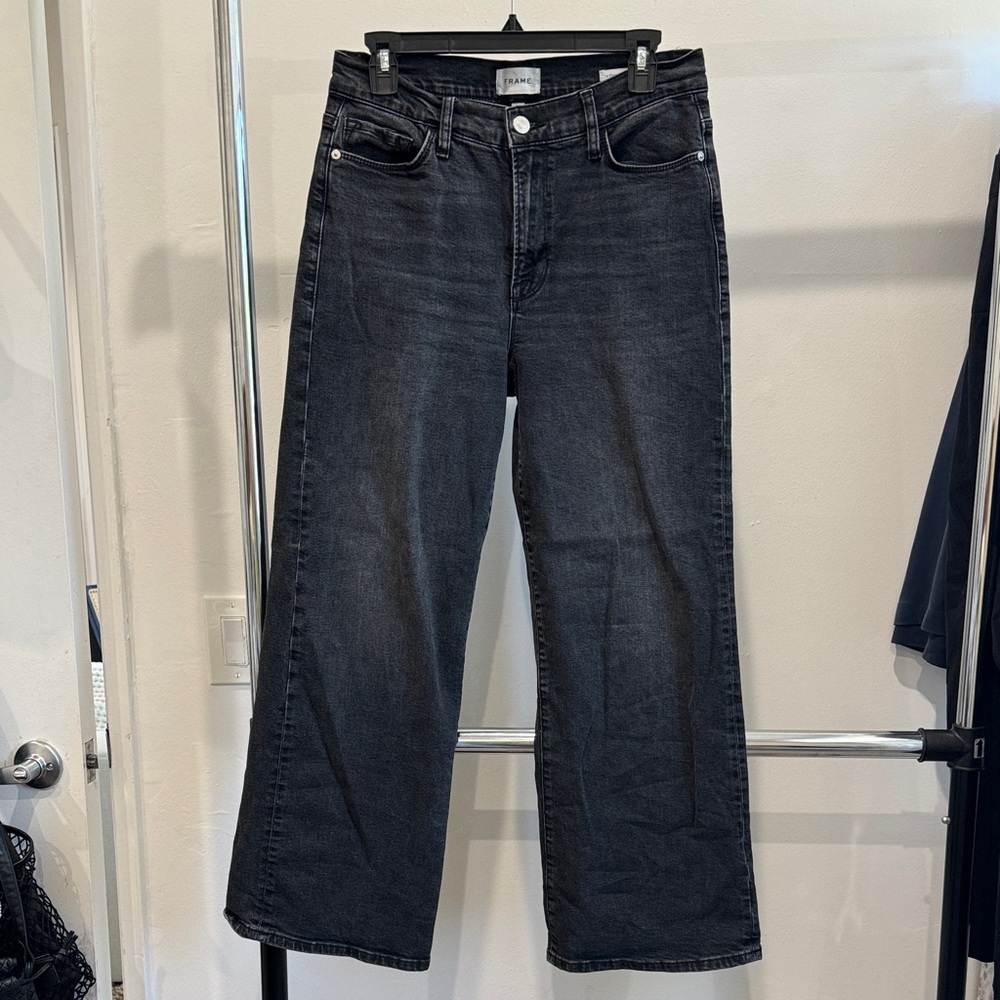 Frame Denim Washed Black Wide-Leg High-Rise Jeans